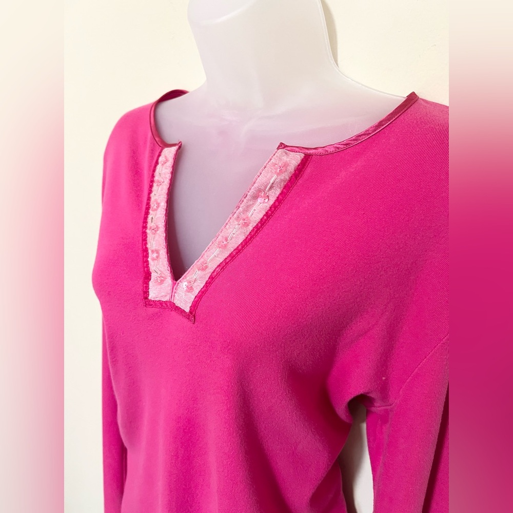 The Limited Y2K Top L Mesh Floral Sequin Neck Satin Trim Pink Barbie Preppy - Picture 4 of 8